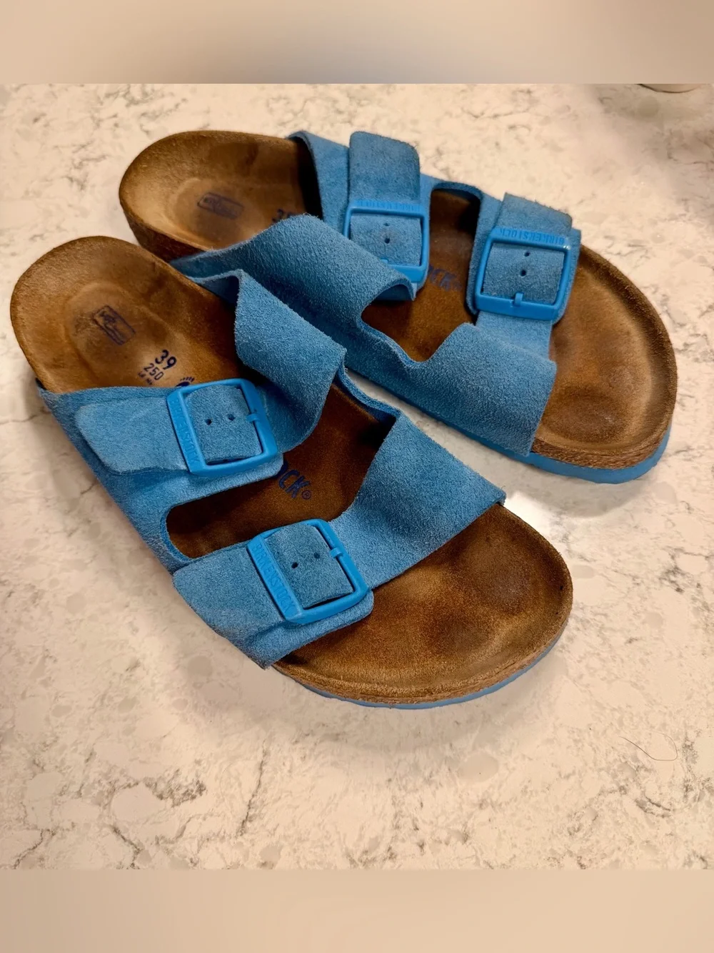 Birkenstalk Arizona suede blue, soft bed, cork bottom, size 39